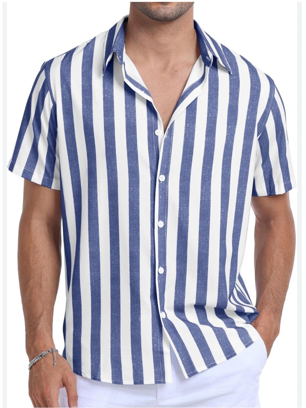 Lindbergh Casual Blue & White Vertical Stripe Short-Sleeve Button-Down Shirt